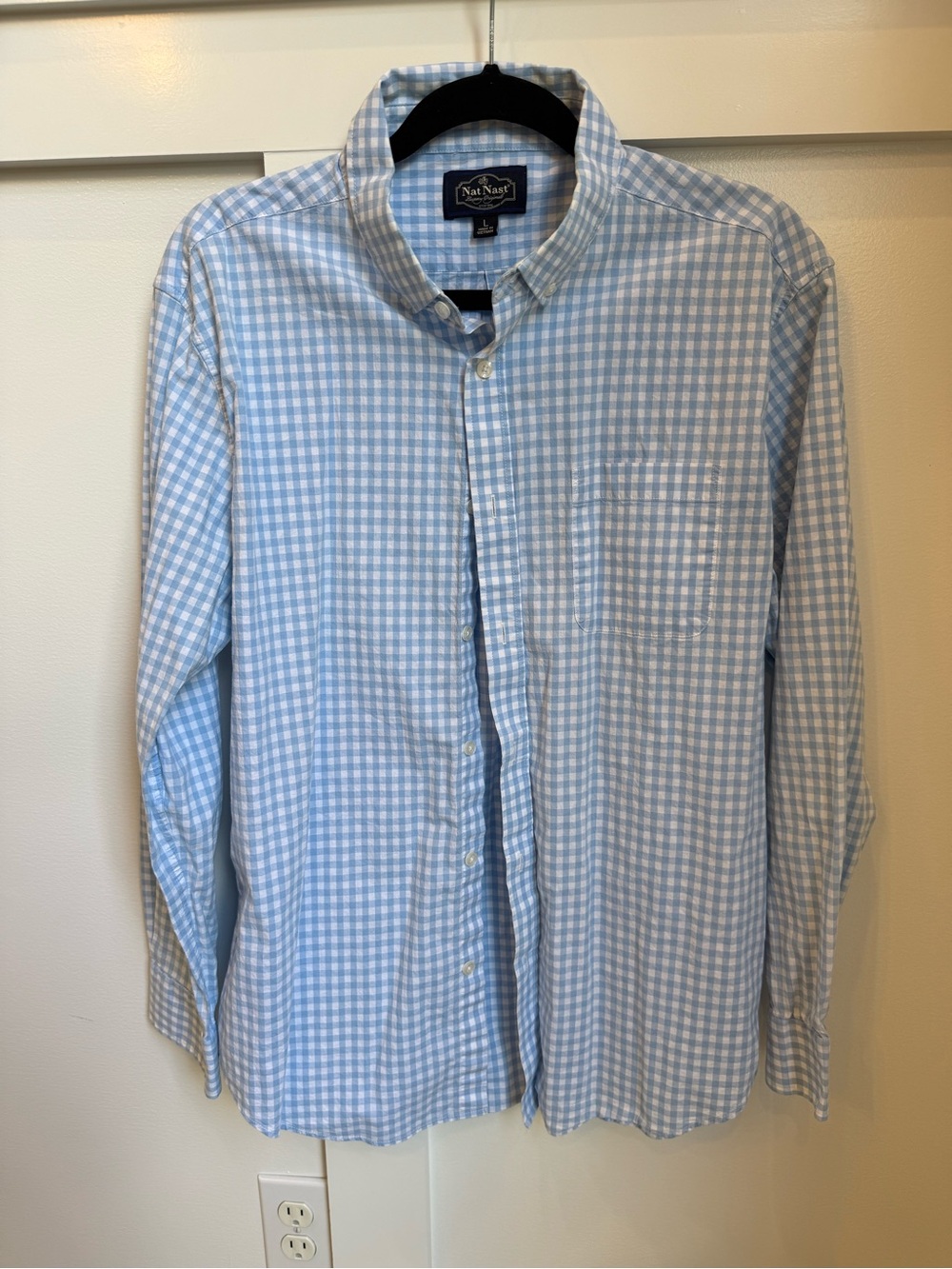 Nat Nast Men’s Preppy Light Blue and White Gingham Button-Up Shirt L